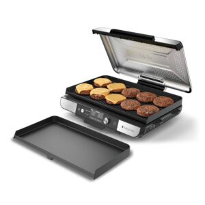 Ninja Sizzle Pro XL Indoor Grill & Flat Plate – Non-Stick Ceramic Plates, Detachable Lid, Grease Catch & Recipe Guide (Silver/Black GX101UK)